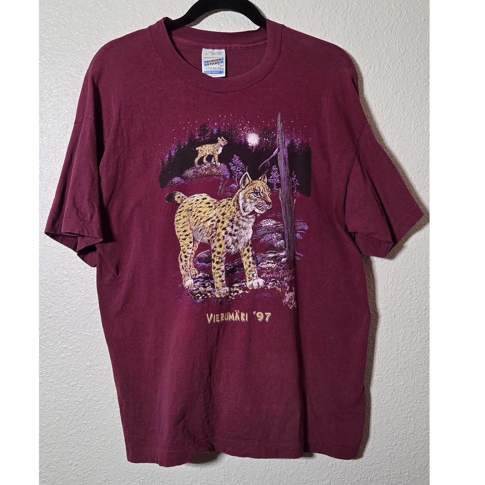 Vintage 1997 Finland Lynx Single Stitch Graphic Tee Made USA Screen Stars L